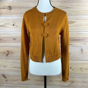 ModCloth Cardigan‎ Women Medium Mustard Yellow Confetti Knit Crop Sweater Retro